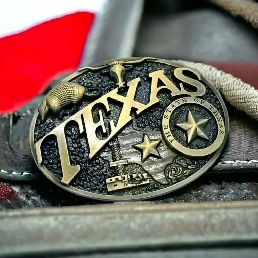Texas Western Belt Buckle Lone Star Longhorn Armadillo Oil Well Antique Brass